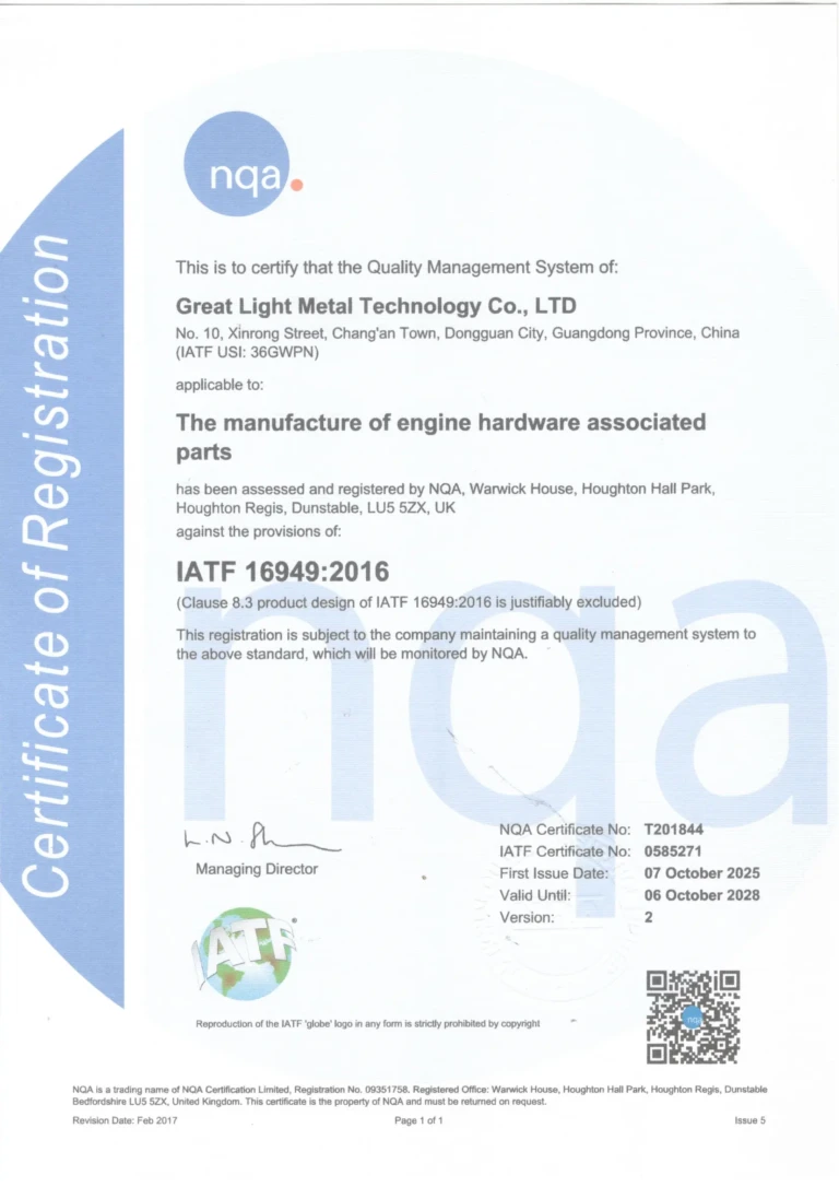 Certification of Production Quality Management System for Engine Hardware Parts Engine Hardware Associated Parts