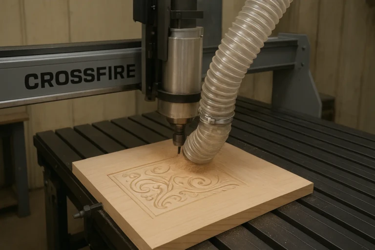 Successful Router Conversion For Crossfire CNC Plasma in action, cutting wood with a dust collection system.