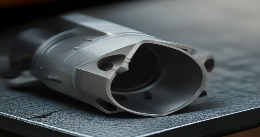 Large CNC Machining Equipment — Large machined aluminum housing resting on a wooden shop bench