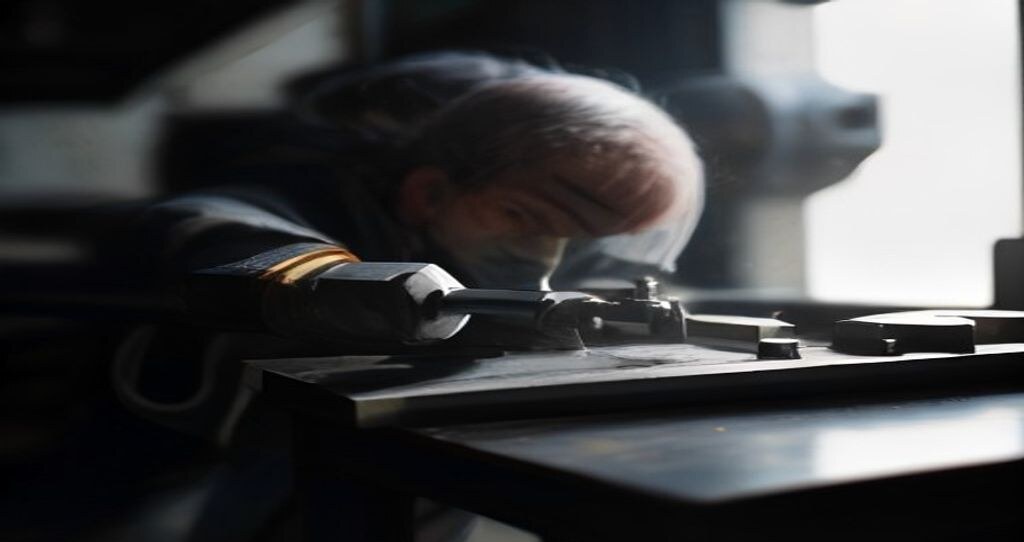 Cad Design For CNC Machine — Engineer in background measuring a turned metal shaft with a micrometer at bench