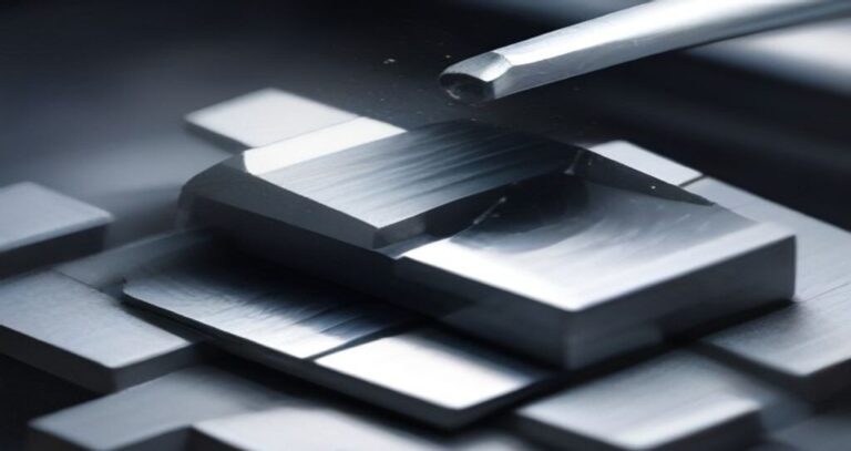 Cad Design For CNC Machine — Close-up of a CNC end mill cutting a pocket into an aluminum block, chips flying