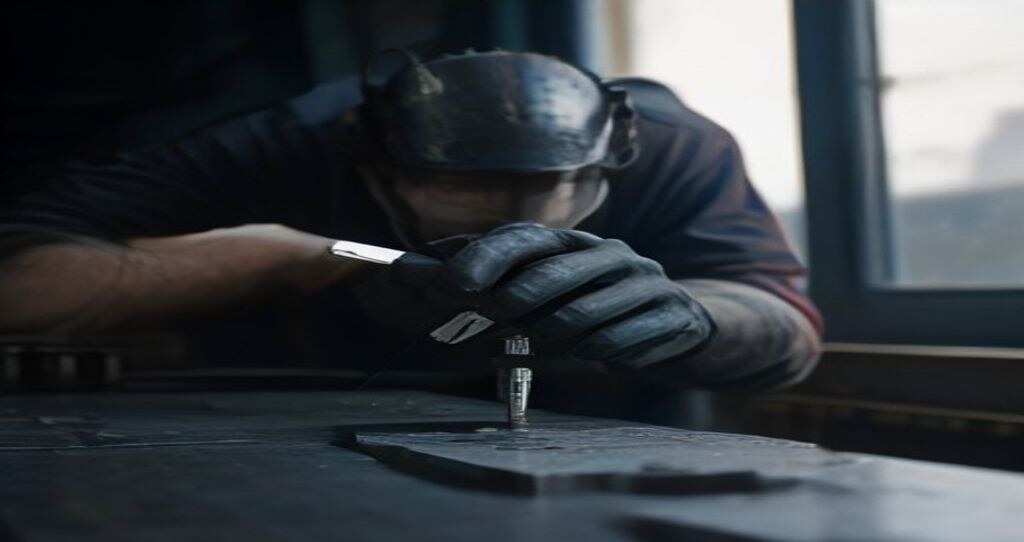 CNC Machine For Metal Fabrication — Engineer in the background measuring a metal component with a caliper at inspection bench