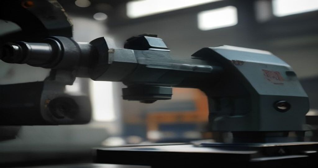 CNC Machine For Metal Fabrication — Metal fixture clamping a workpiece inside a CNC machine, spindle above