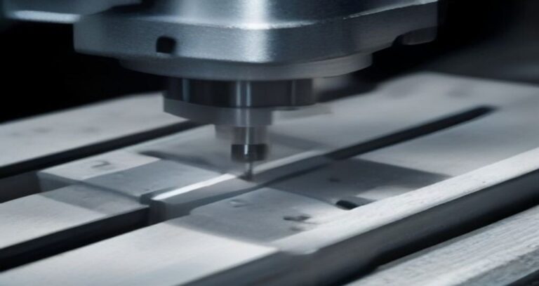 CNC Machine For Metal Fabrication — Close-up of a CNC milling machine cutting an aluminum block, metal chips flying