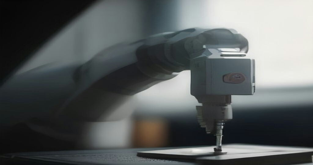 CNC Machine Makers — Robotic arm loading a blank into a CNC machine, operator small in background