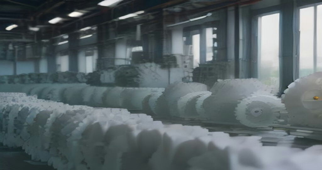 CNC Machined Plastics — Row of finished white POM plastic gears and bushings arranged on a machined aluminum bench