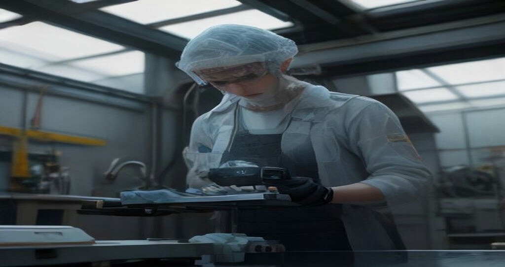 CNC Machined Plastics — Engineer in the background measuring a translucent acrylic bracket with digital calipers at an inspection