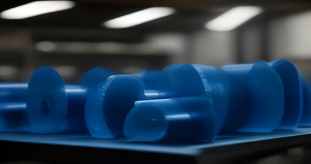 CNC Machined Plastics — Stack of blue nylon plastic stock rods beside a vise and fixture plate on a machine table