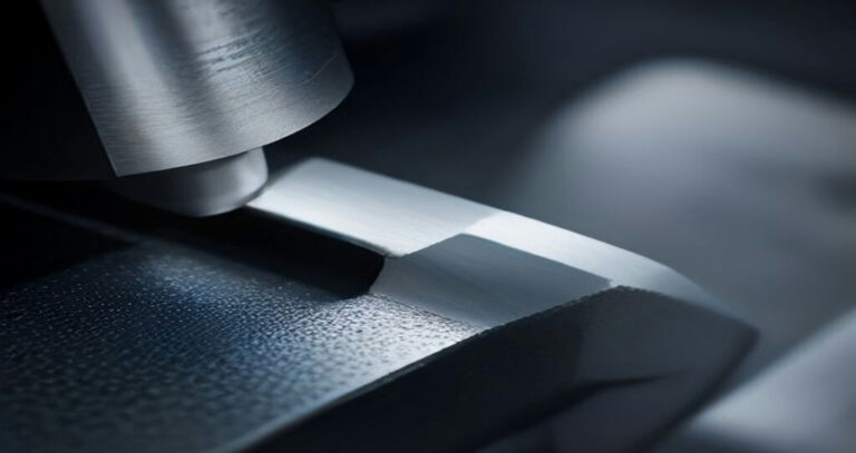 CNC Machining For Injection Mold Making — Close-up of a CNC end mill cutting a deep pocket into a block of P20 mold steel