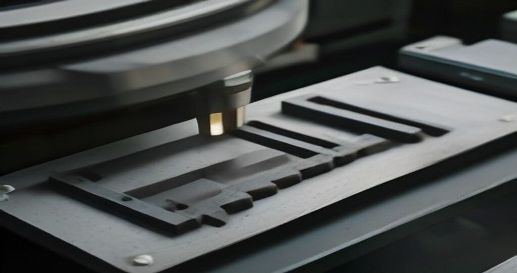 CNC Metal Cutting Machines — Steel vise holding a metal workpiece on a machine table, chips scattered around