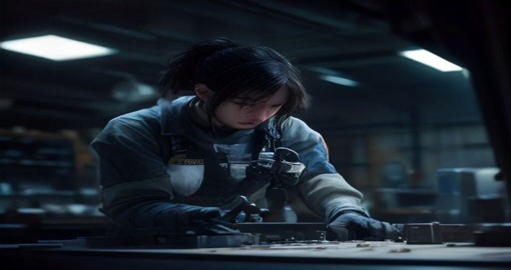 CNC Vertical Machining Equipment — Machinist in background measuring a machined part with calipers at inspection bench
