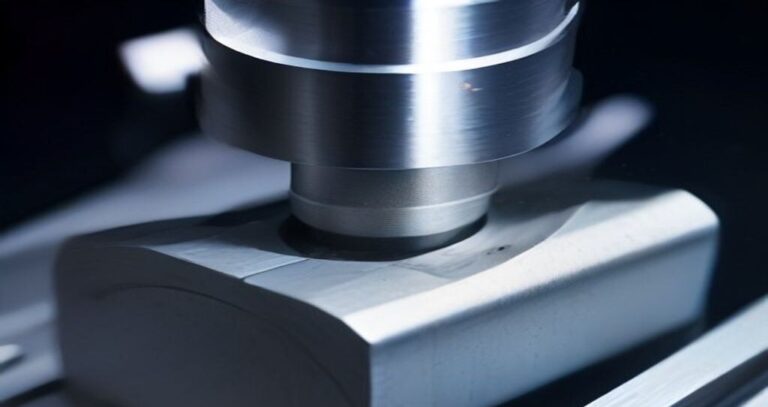 CNC Vertical Machining Equipment — Close-up of a CNC vertical machining center spindle cutting an aluminum block, chips flying