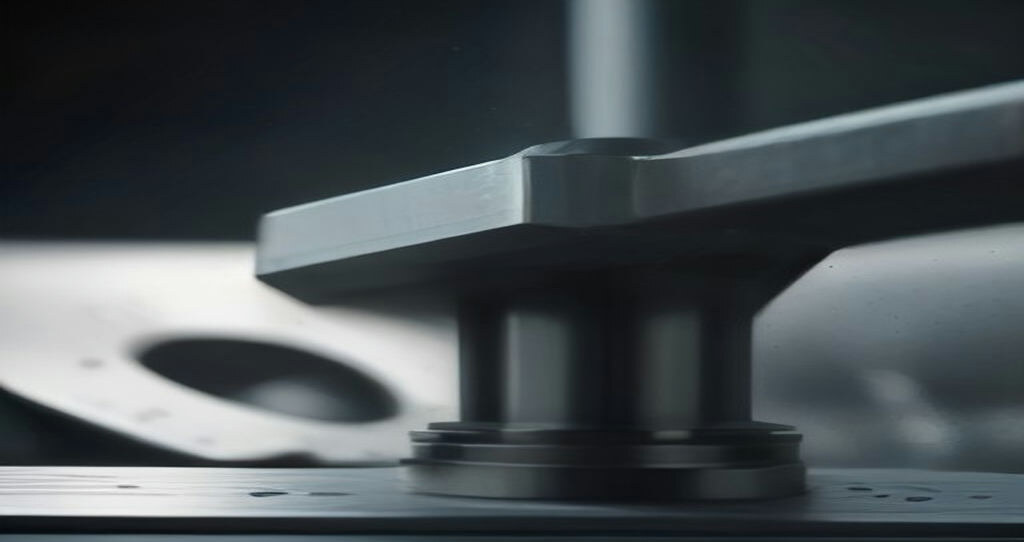 Commercial CNC Machine — Stack of freshly machined aluminum parts on a workbench, shallow depth of field