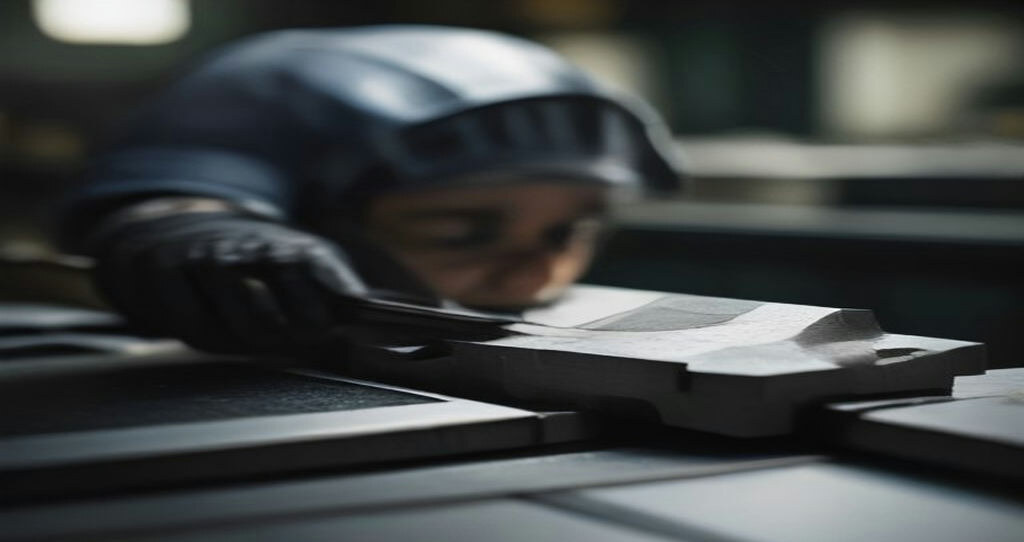 Commercial CNC Machine — Industrial engineer measuring a machined part with calipers at an inspection bench
