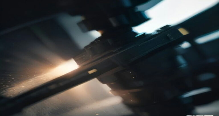 Commercial CNC Machine — Close-up of a CNC milling machine cutting a metal block, coolant spraying, chips flying