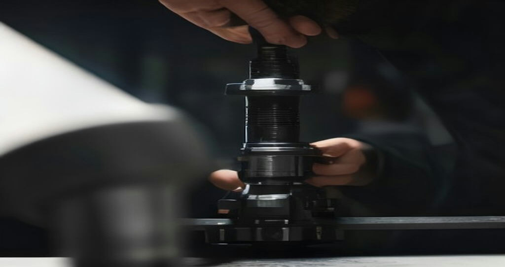Computer Numerical Control CNC Machines — Engineer in background measuring a machined bracket with a height gauge
