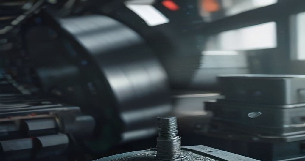 Custom CNC Machining System For Large Parts — Thick aluminum plate stock stacked beside horizontal boring mill, spindle in foreground