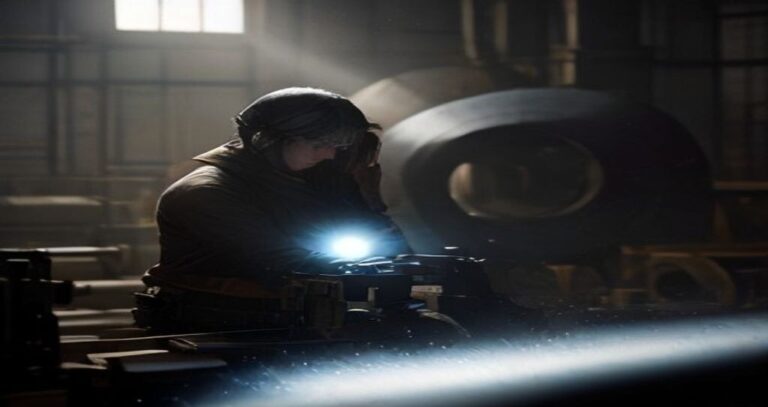 Large Diameter CNC Machining — Heavy lathe turning a massive steel ring, machinist silhouetted far in background