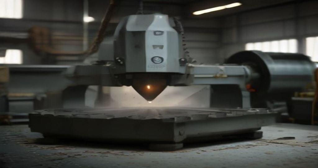 Large Format CNC Machining — Wide shot of a five-axis CNC machine cutting a large metal workpiece, operator small in background