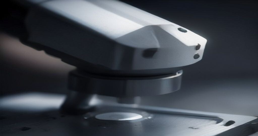 Large Format CNC Machining — Engineer in the distance measuring a large machined plate with a portable coordinate measuring arm