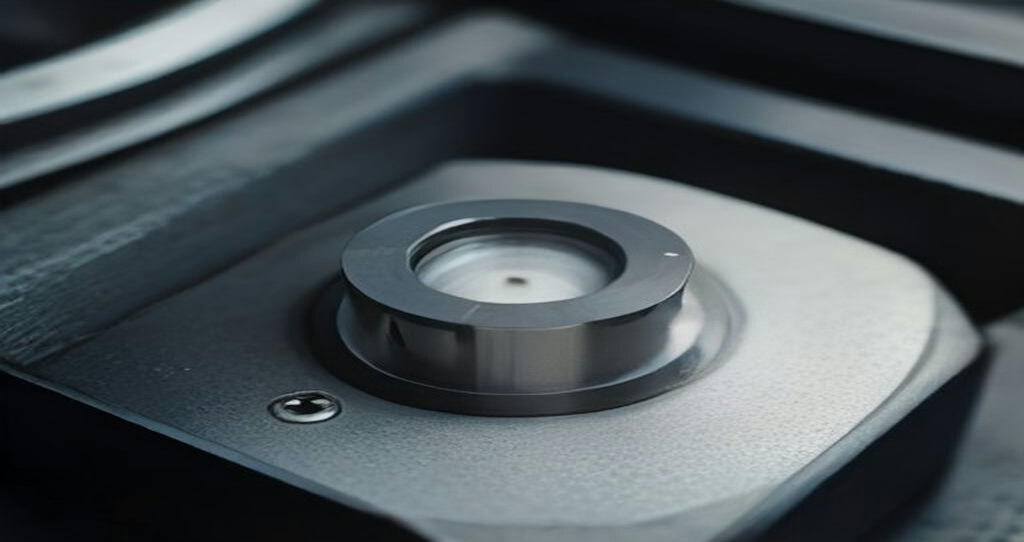 Three Axis CNC Milling Machine — Close-up of custom steel fixture holding a part inside a CNC vise
