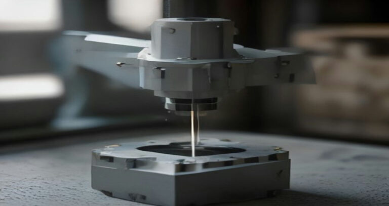 Three Axis CNC Milling Machine — Three axis CNC milling machine cutting aluminum block, coolant spraying, metal chips flying